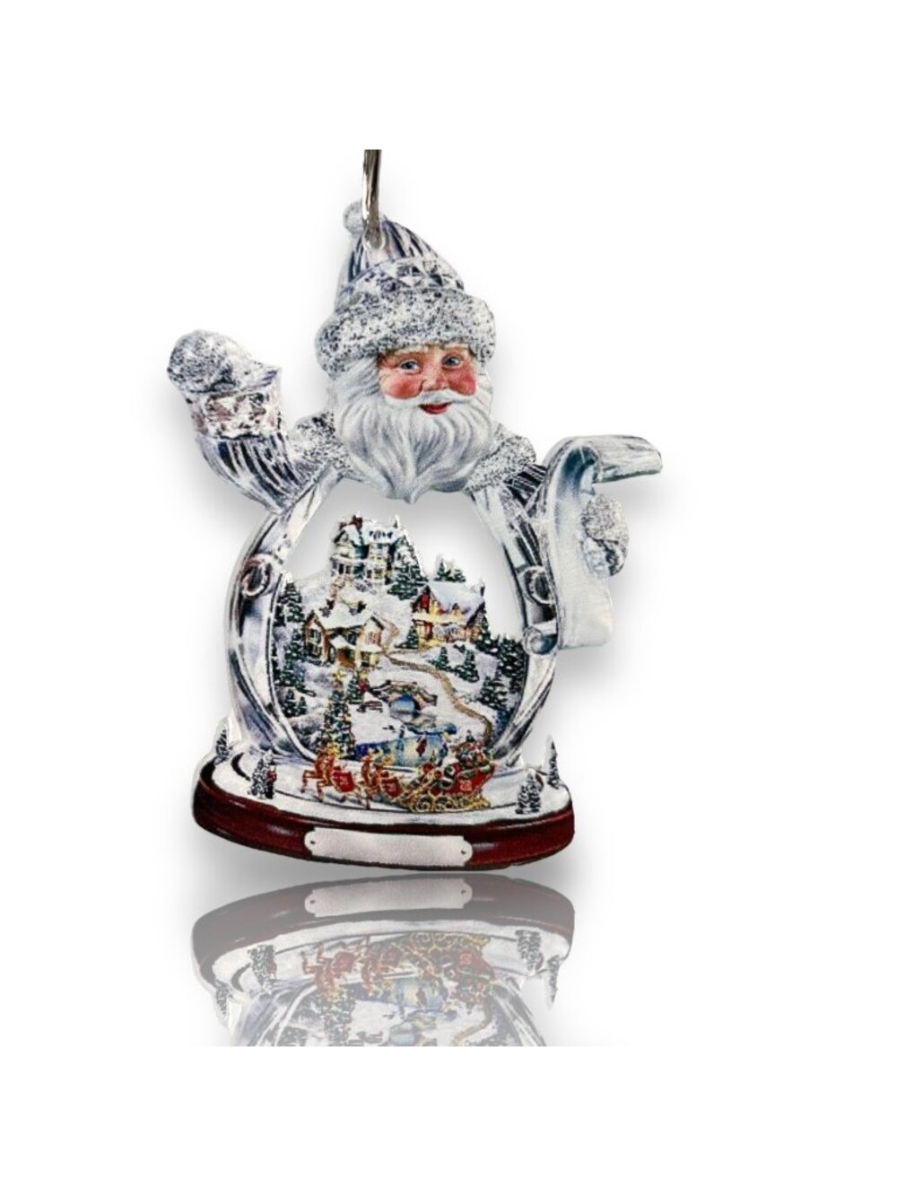 Santa Claus Scene Christmas Ornament With Snowy Village & Sleigh Ride - Festive